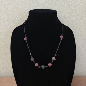Crystal Polished Stone Necklace Links Gold Tone Chain Pink Green Stones	Boho